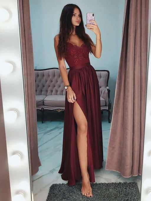 V Neck Burgundy Lace Long Prom Dresses with Slit, Burgundy Lace