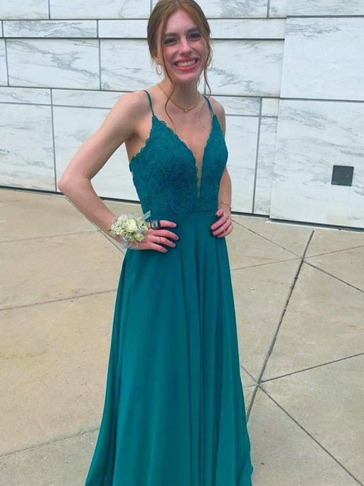 A Line V Neck Green Lace Long Prom Dresses, Green Lace Formal