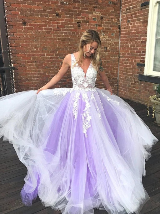 A Line V Neck Lilac Lace Long Prom Dresses, A Line V Neck Purple Lace Long  Formal Evening Dresses