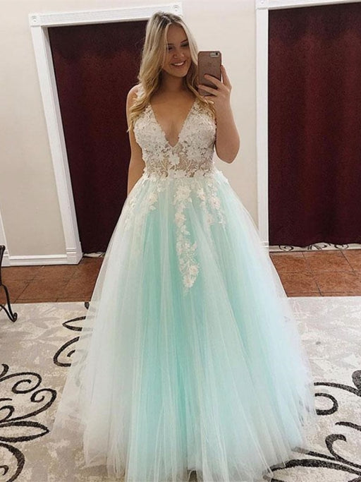 Round Neck Mint Green Lace Long Prom Dresses, Long Green Lace Formal  Dresses, Green Evening Dresses