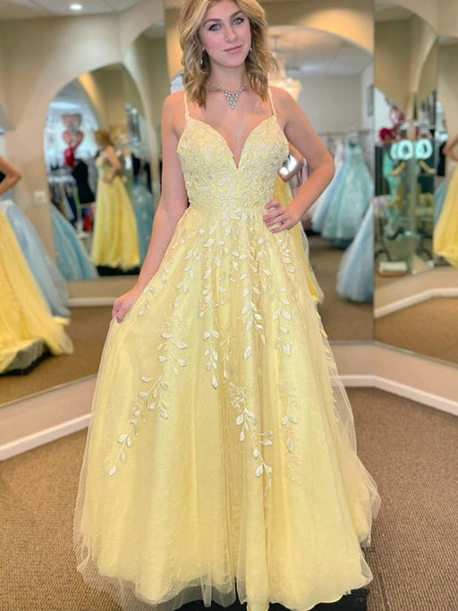 Custom Made V Neck White Lace Appliques Yellow Long Prom Dresses, Yellow  Lace Formal Graduation Evening Dresses