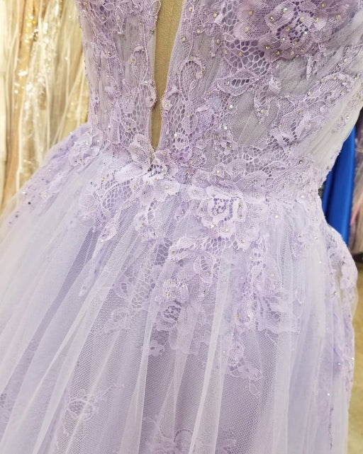 Chic A-line V neck Lace Beaded Long Prom Dress Lilac Elegant Evening Dress  #JKSS58