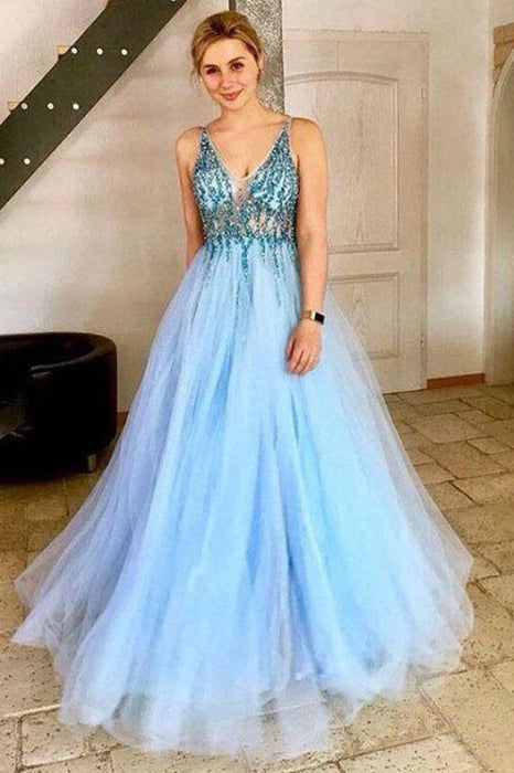 A-Line V-Neck Tulle Cheap Long Red Prom Dresses 2021 - Bridelily