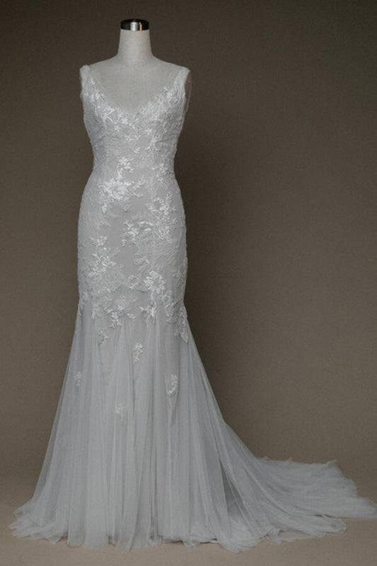 Amazing V-neck Appliques Vintage Boho Wedding Dress Cheap - Bridelily