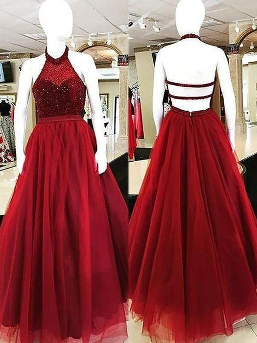 Ball Gown Halter With Beading Cute Long Prom Dresses Cheap - Bridelily