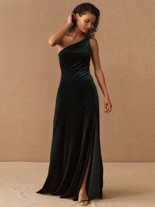 Black Evening Dress A-Line One-Shoulder Velour Floor-Length Split Fron ...