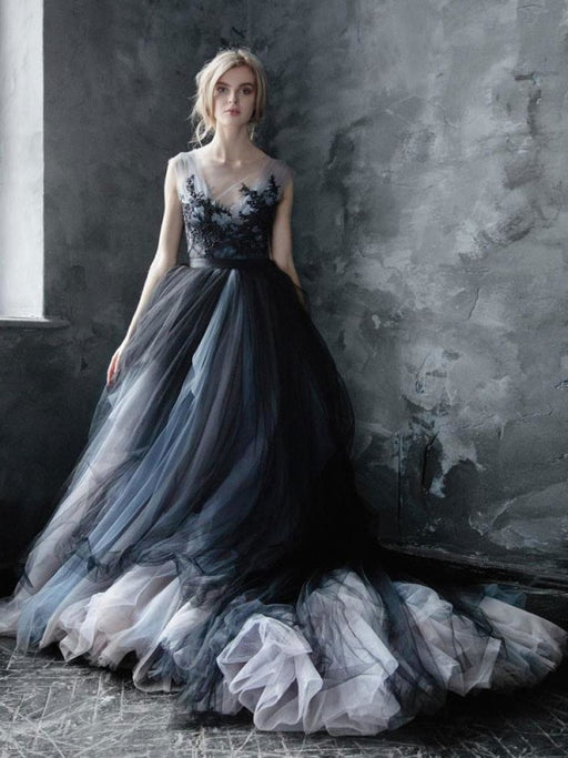 Black A-Line Wedding Dress Strapless Black Applique Sash Tulle Satin Fabric  Wedding Gown – Dbrbridal