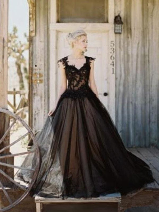 Princess Court Train Tulle Gothic Wedding Dress LD4622