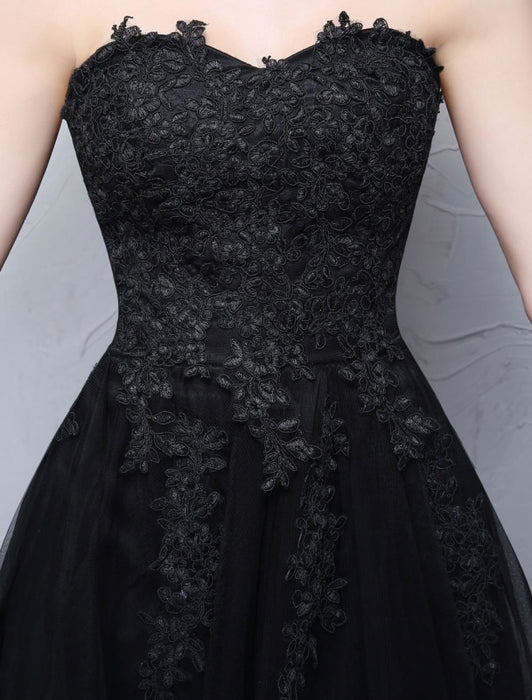 Black Prom Dresses Strapless Long Party Dress Lace Applique Sweetheart ...