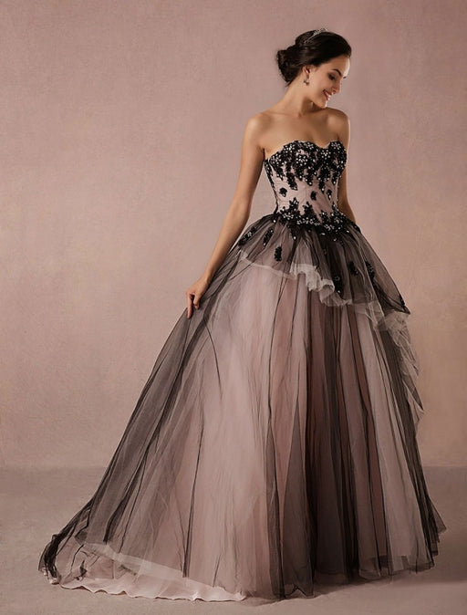 Chic A-line Strapless Applique Lace Black Wedding Dresses MLK0487