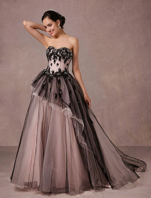 Black A-Line Wedding Dress Strapless Black Applique Sash Tulle Satin Fabric  Wedding Gown – Dbrbridal