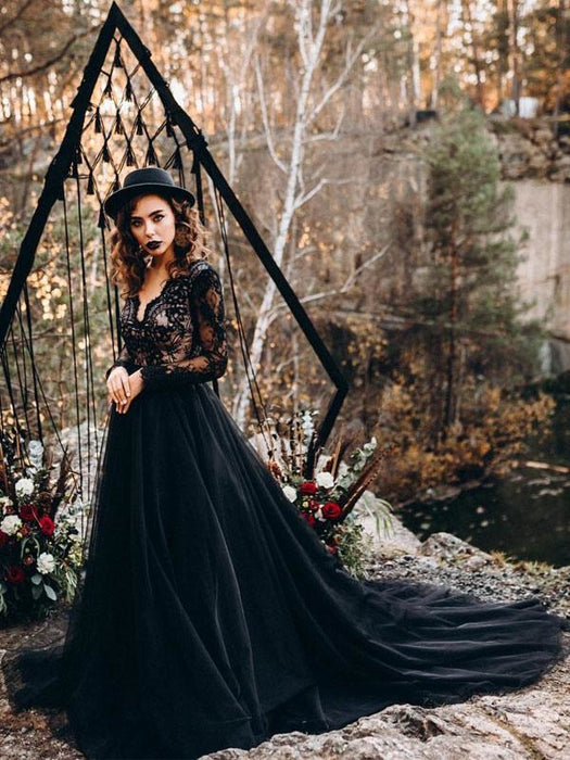 Black Wedding Dresses A-Line Designed Neckline Long Sleeves Natural Wa ...
