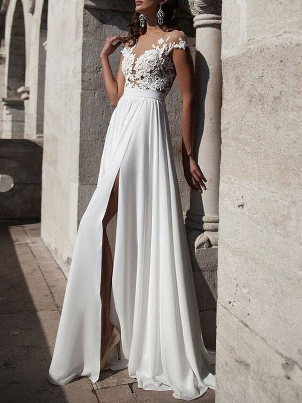 Boho Wedding Dress 2021 A Line V Neck Sleeveless Split Lace Appliqued ...