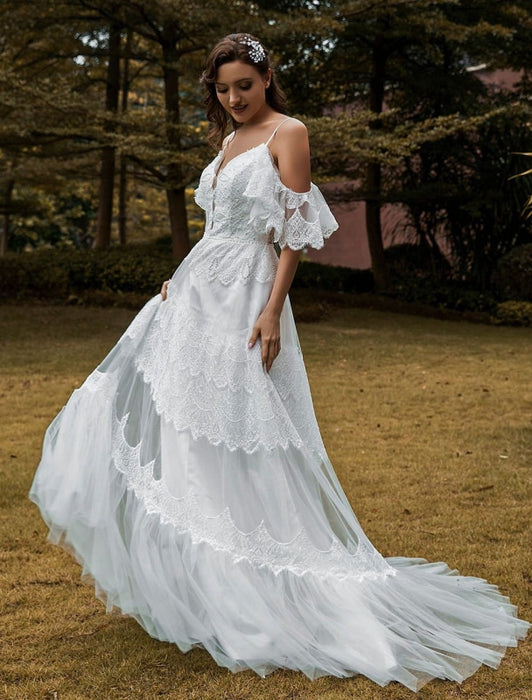 Boho Wedding Dress Lace A-Line V-Neck Natural Waistline Beaded Wedding ...