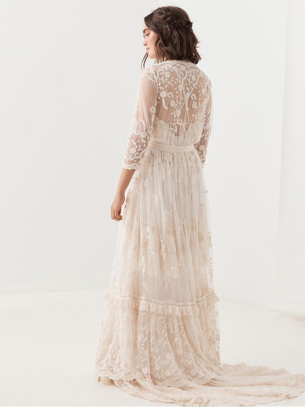 Boho Wedding Dress Suit 2021 V Neck Floor Length Lace Multilayer Brida ...