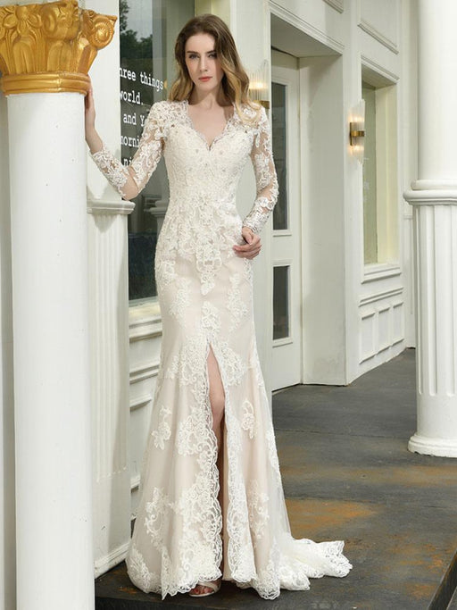 BMbridal Long Sleeves V-Neck Champagne Wedding Dress Beach With Appliques