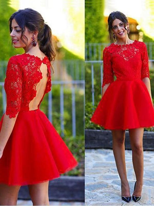 A-Line Scoop 1/2 Simple Red Prom Dress Cheap - Bridelily