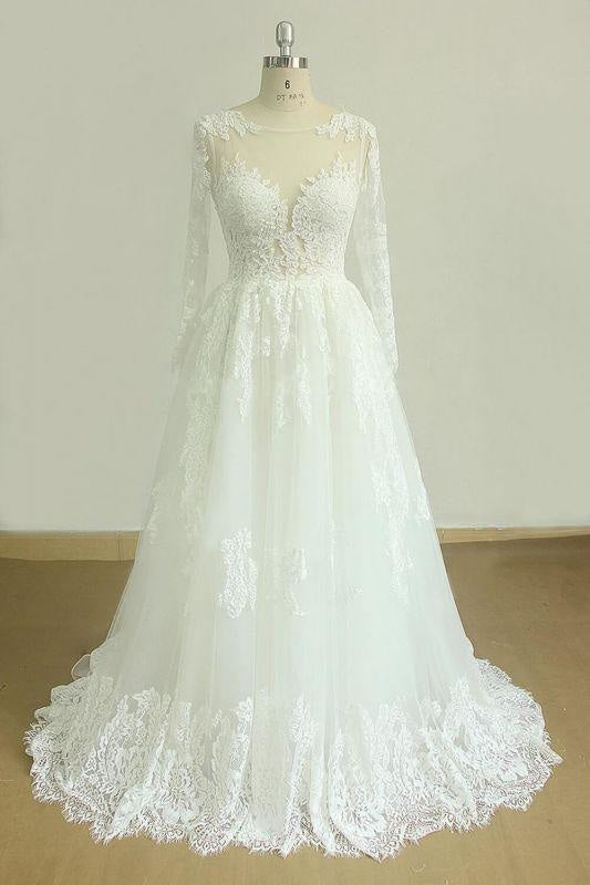 White Long Sleeve Mermaid Wedding Dress With Train - Bridelily