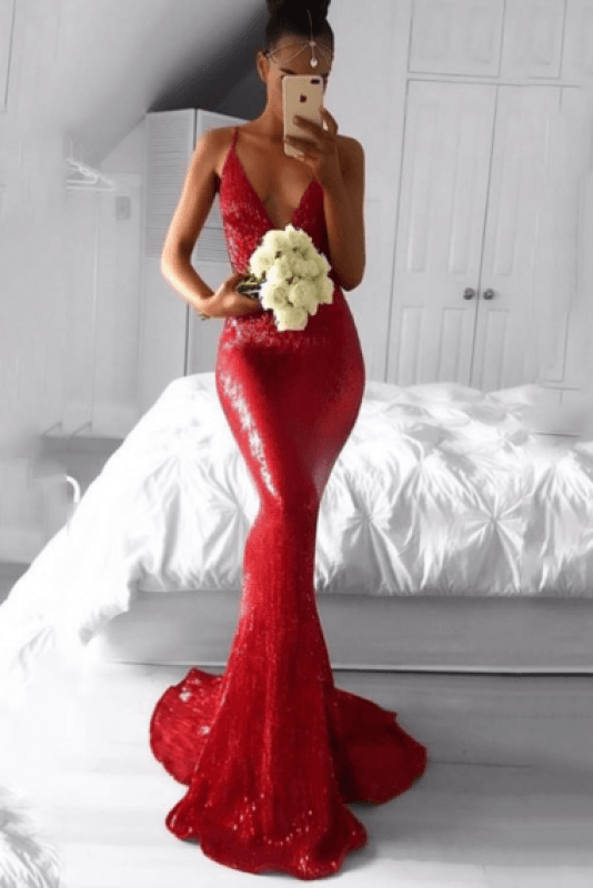 Deep V-neck Spaghetti Cheap Red Ball Gowns - Bridelily
