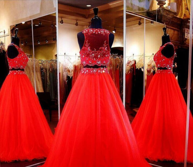 Two-Pieces Cheap Long Red Prom Dresses - Bridelily