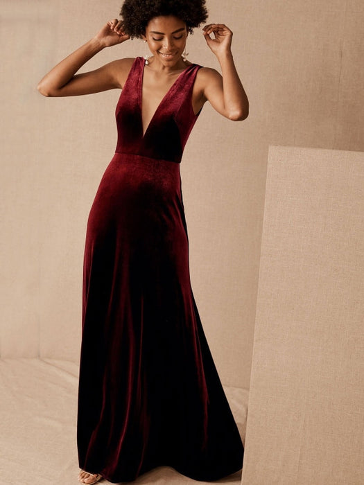Brown Evening Dress A-Line V-Neck Floor-Length Sleeveless Zipper Velou ...