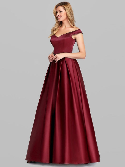 Burgundy Prom Dress Satin Fabric Off-The-Shoulder A-Line Sleeveless Ma ...