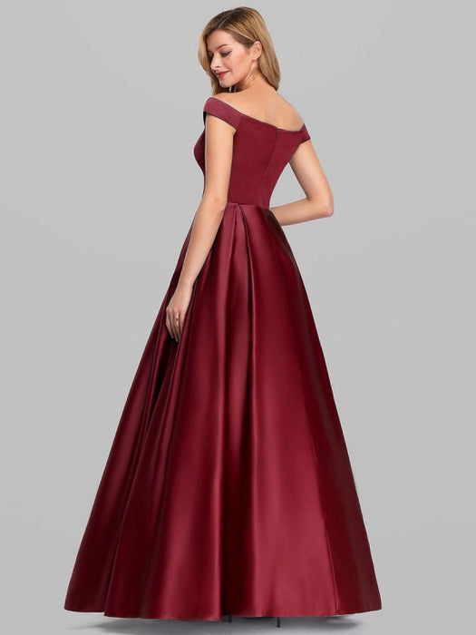 Burgundy Prom Dress Satin Fabric Off-The-Shoulder A-Line Sleeveless Ma ...
