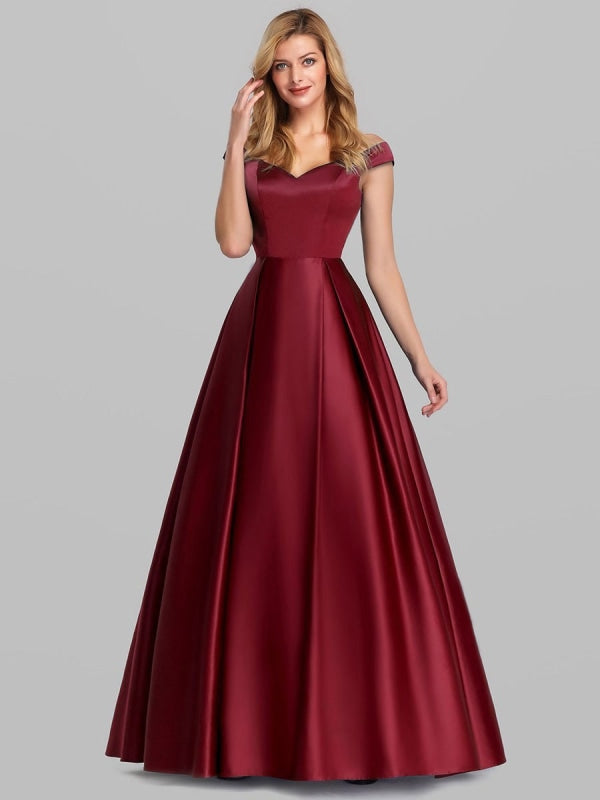 Burgundy Prom Dress Satin Fabric Off-The-Shoulder A-Line Sleeveless Ma ...