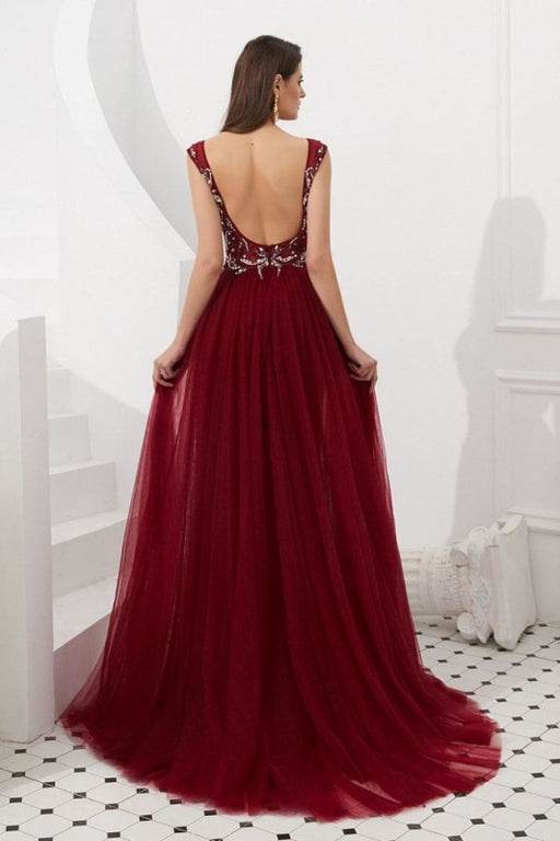 Long Sleeves V-neck Ball Gowns Lace Burgundy Prom Dresses,BD98166 –  luladress