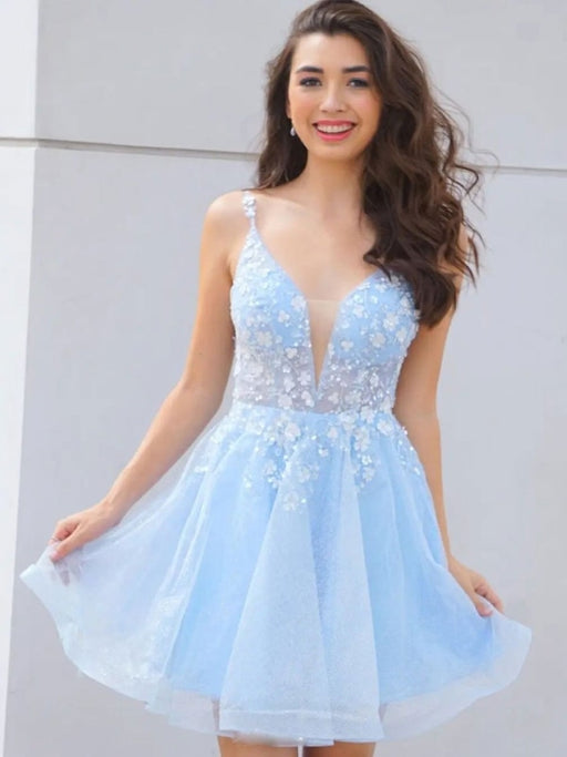 Deep V Neck Light Blue Lace Long Prom Dresses, Light Blue Lace Formal —  Bridelily