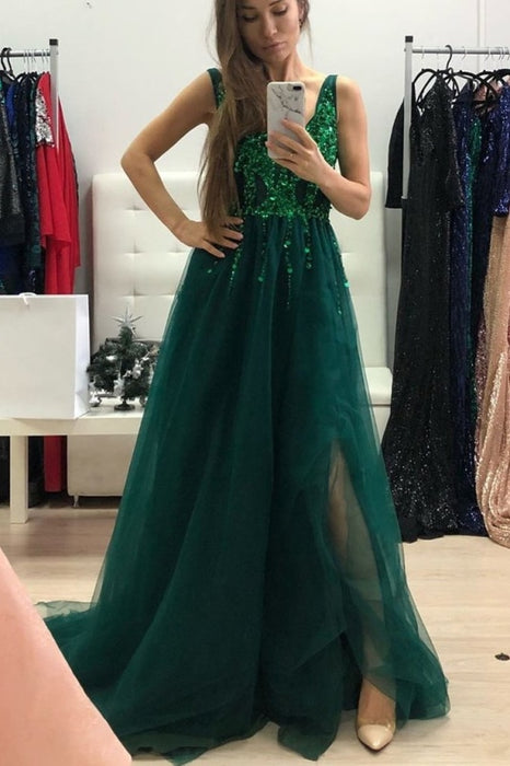 Dark Green Sparkly Simple Long Prom Dresses Cheap - Bridelily