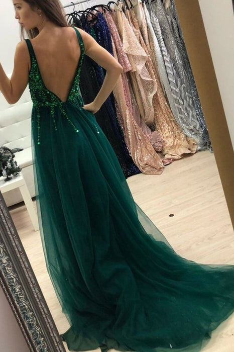 Dark Green Sparkly Simple Long Prom Dresses Cheap - Bridelily