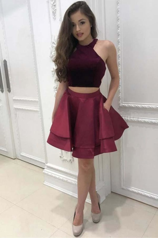 Dark Two Piece Satin Mini Short Red Prom Dresses 2021 - Bridelily