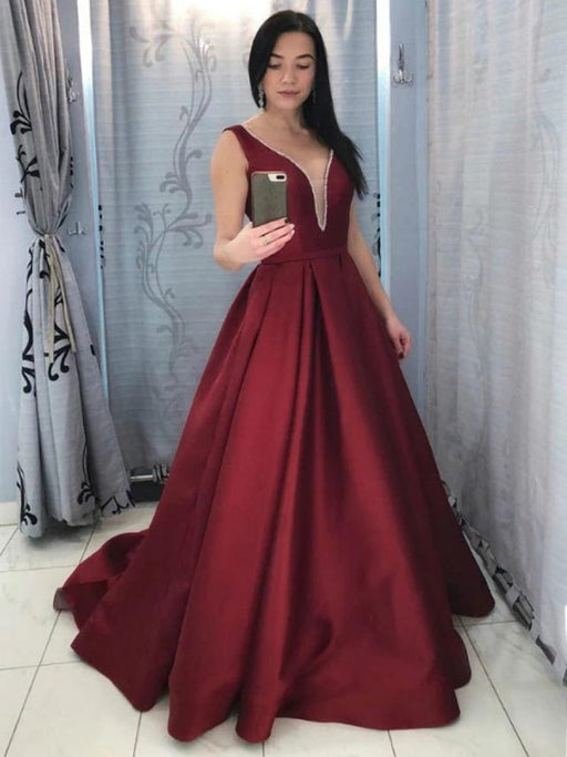 V Neck Backless Burgundy Satin Long Prom Dresses with High Slit, Backl –  morievent