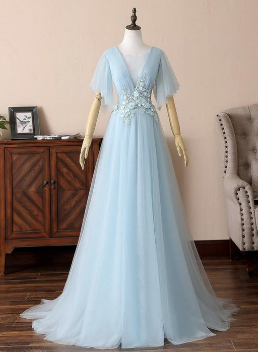 Open Back Light Blue Tulle Lace Floral Long Prom Dresses, Light