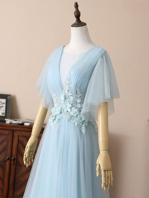 Open Back Light Blue Tulle Lace Floral Long Prom Dresses, Light