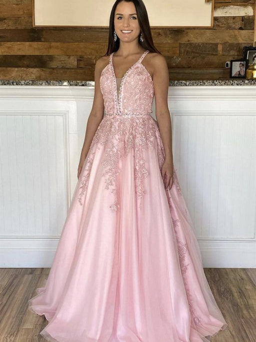 Princess V Neck Lace Appliques Pink Long Prom Dresses, V Neck Pink Lace  Formal Dresses, Pink Lace Evening Dresses