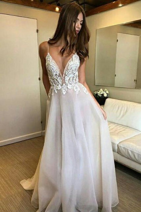 Deep V-neck Spaghetti White Boho Beach Wedding Dress - Bridelily