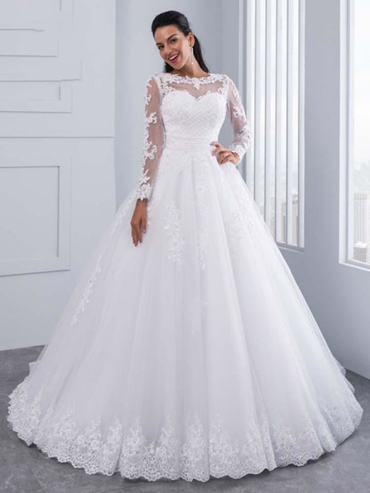 Elegant Long Sleeves Lace Detachable Train Wedding Dress - Bridelily
