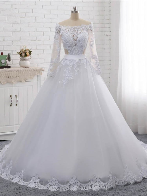 Elegant High Neck Long Sleeve Bridal Gowns Lace - Bridelily