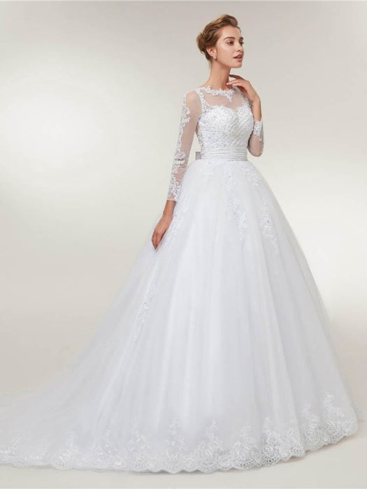 Elegant Long Sleeves Removable Overskirt Wedding Dress - Bridelily