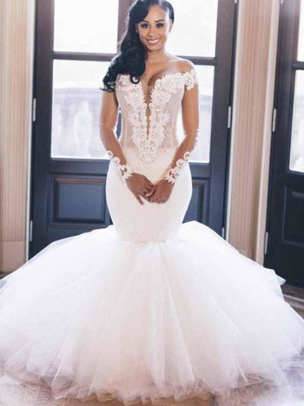 white long sleeve mermaid wedding dress