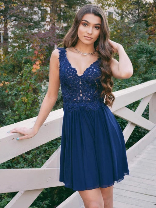 Stylish V Neck Beaded Navy Blue Lace Prom Dresses, Navy Blue Lace Form –  Shiny Party