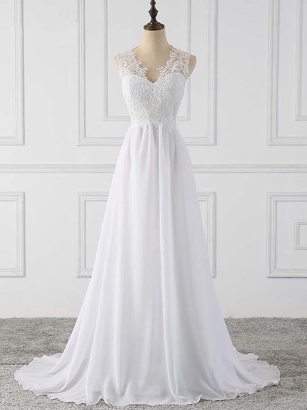 Elegant V-Neck Sleeveless Long Sleeve A Line Wedding Dress - Bridelily