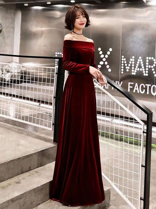 HUITAILANG Evening Gowns,Evening Dress Simple High Neck Burgundy Three  Quarter Sleeve A-Line Floor-Length Velour Lace Up Woman Formal Party Gown,  2 : : Fashion