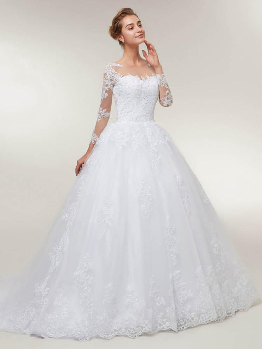 White Long Sleeve Mermaid Wedding Dress With Train - Bridelily