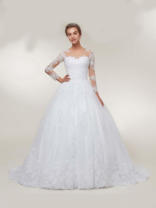 White Long Sleeve Mermaid Wedding Dress With Train - Bridelily