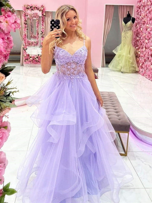 A Line V Neck Lilac Lace Long Prom Dresses, A Line V Neck Purple