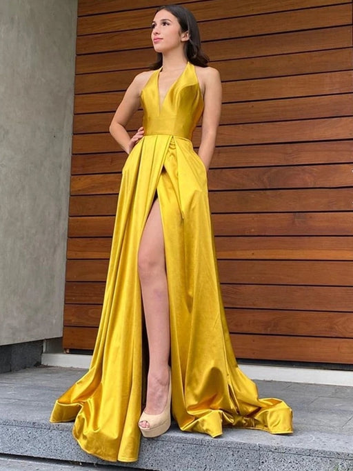 V Neck Backless Strapless Yellow Long Prom Dresses, Backless Yellow Formal  Graduation Evening Dresses SP2278