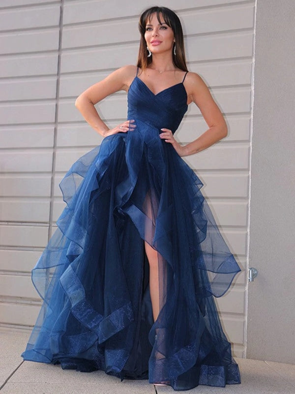 High Low V Neck Puffy Dark Navy Blue Tulle Long Prom Dresses, High Low ...